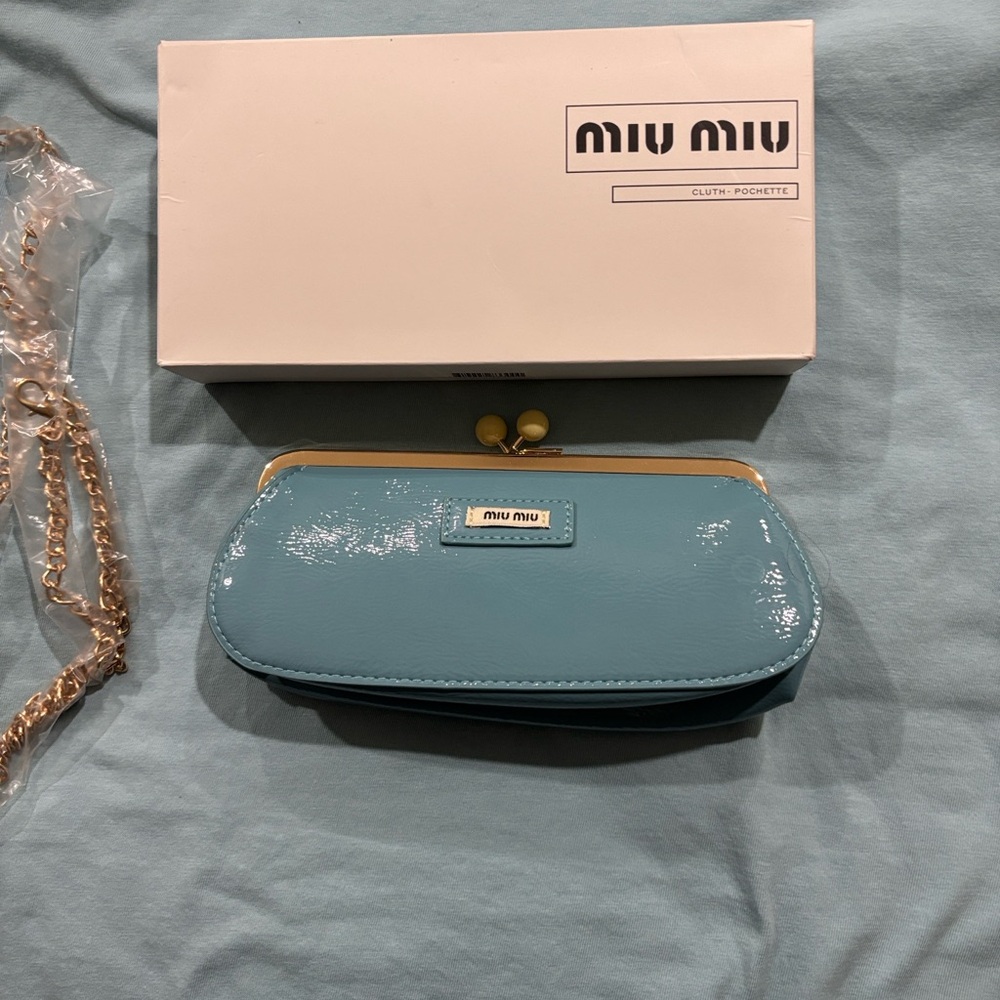 Gift with purchase Miu Miu  Blue Patent  Kiss-Lock Clutch8x3inches